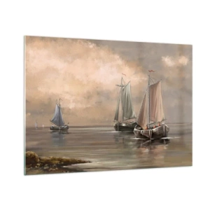 Glasbild - Bild auf glas - Drei Segelboote auf ruhiger See in Pastellfarben - 100x70cm - Die Rückkehr der Matrosen - Moderne Wanddekoration für Wohnzimmer und Schlafzimmer ARTTOR