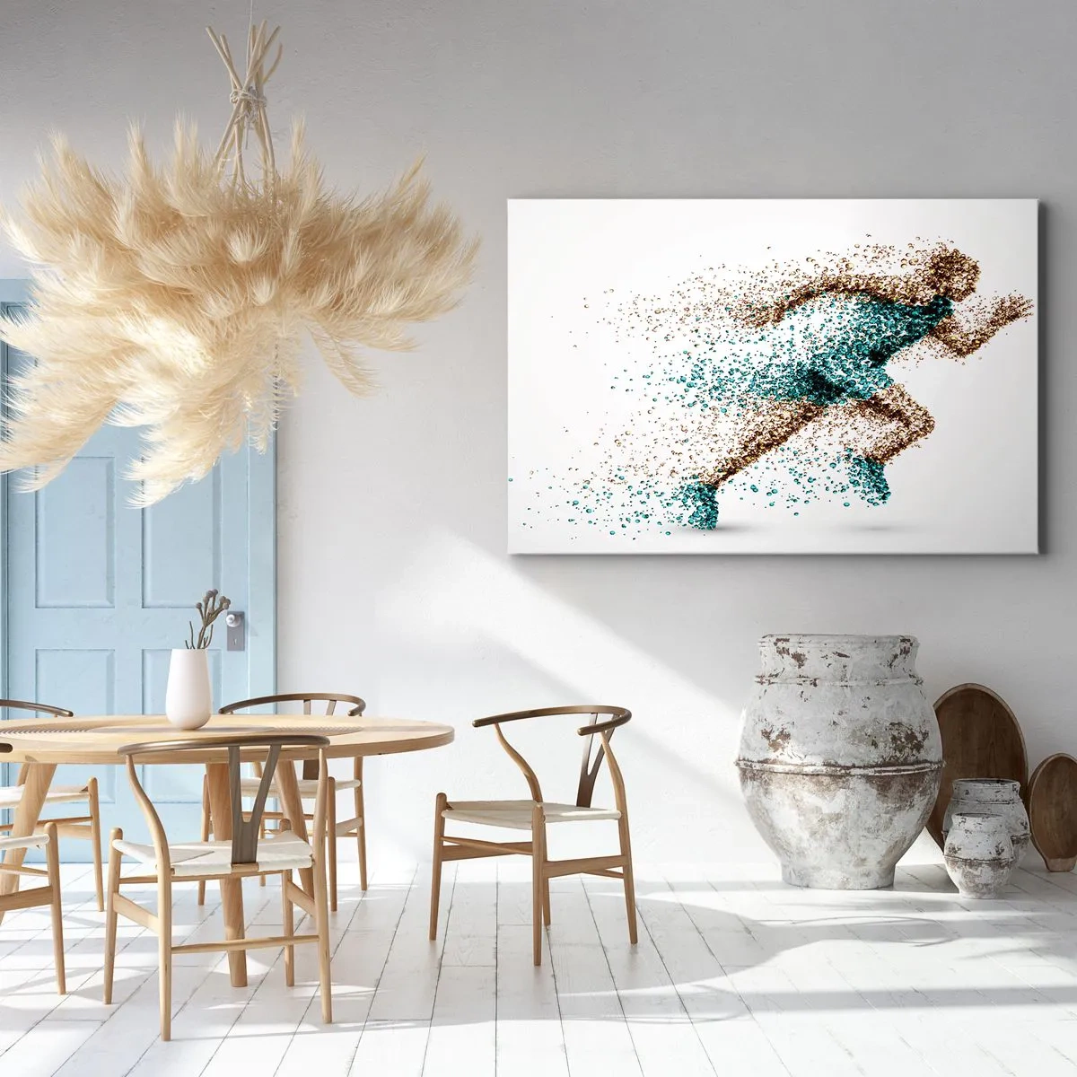 Bild auf Leinwand - Leinwandbild - Eine dynamische Läuferfigur aus winzigen Partikeln - 100x70cm - Das Leben ist ein Lauf - Moderne Wanddekoration für Wohnzimmer und Schlafzimmer ARTTOR