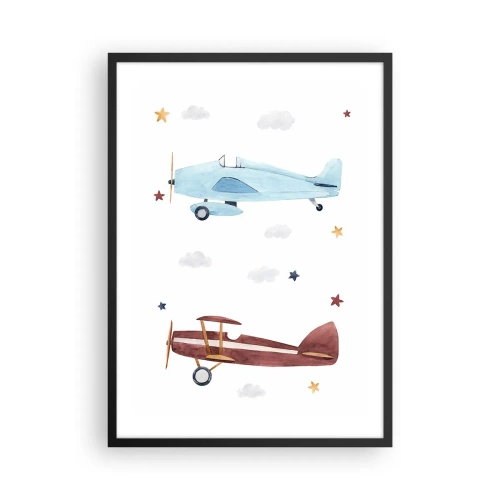 Poster in einem schwarzem Rahmen - Aquarellillustrationen von zwei Flugzeugen, die zwischen Wolken und Sternen schweben. - 50x70cm - Wir warten, Herr Pilot! - Moderne Wanddekoration für Wohnzimmer und Schlafzimmer ARTTOR