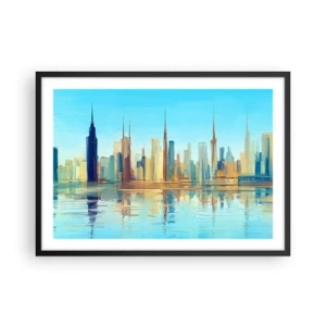 Poster in einem schwarzem Rahmen - Ein Panorama der Stadt in warmen Farben mit Spiegelung im Wasser - 70x50cm - Sonnige Metropole - Moderne Wanddekoration für Wohnzimmer und Schlafzimmer ARTTOR