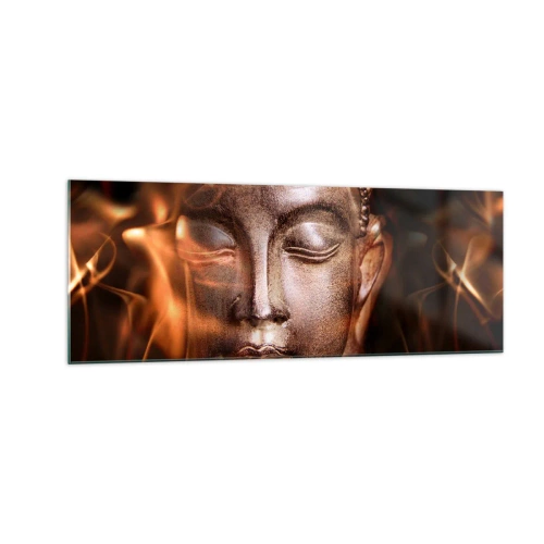 Glasbild - Bild auf glas - Eine Buddha-Statue inmitten von Flammen in goldenen Farbtönen - 140x50cm - Es existiert nur hier und jetzt - Moderne Wanddekoration für Wohnzimmer und Schlafzimmer ARTTOR