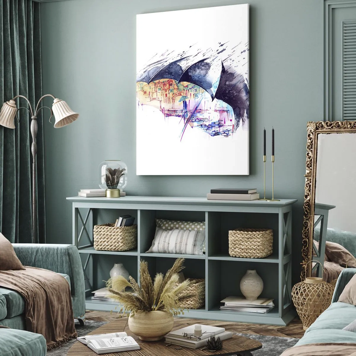 Bild auf Leinwand - Leinwandbild - Eine bunte Stadt, versteckt unter abstrakten Regenschirmen - 50x70cm - Im Regen spazieren gehen - Moderne Wanddekoration für Wohnzimmer und Schlafzimmer ARTTOR