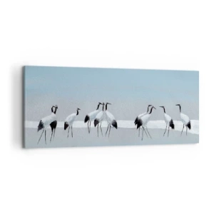Bild auf Leinwand - Leinwandbild - Eine Gruppe von Kranichen vor blauem Himmel und der aufgehenden Sonne - 120x50cm - Nach einem heißen Tag - Moderne Wanddekoration für Wohnzimmer und Schlafzimmer ARTTOR