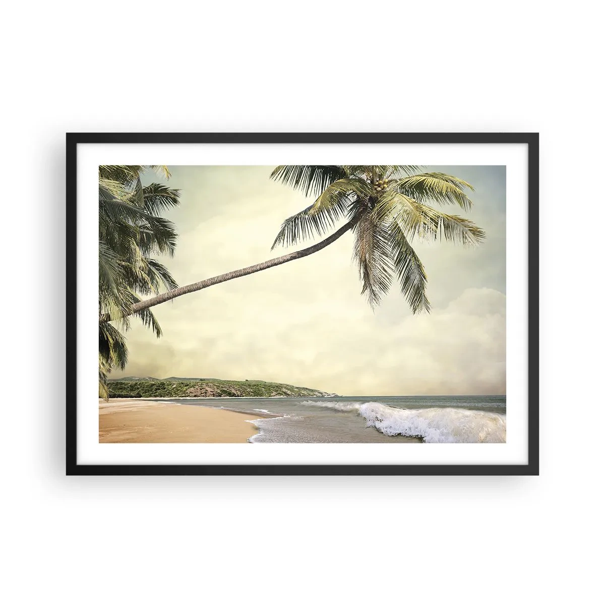 Poster in einem schwarzem Rahmen - Ein Strand mit Palmen vor der Kulisse eines ruhigen Meeres - 70x50cm - Tropischer Traum - Moderne Wanddekoration für Wohnzimmer und Schlafzimmer ARTTOR