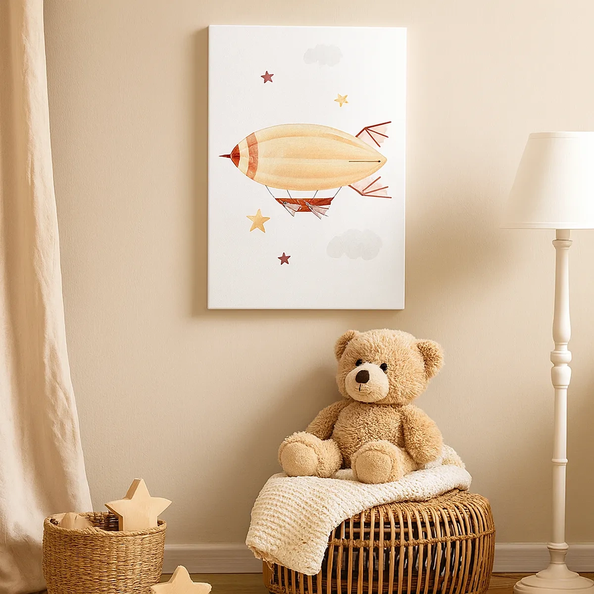 Bild auf Leinwand - Leinwandbild - Ein handbemaltes Luftschiff vor Sternenhimmel - 50x70cm - Luftschiff - Moderne Wanddekoration für Wohnzimmer und Schlafzimmer ARTTOR