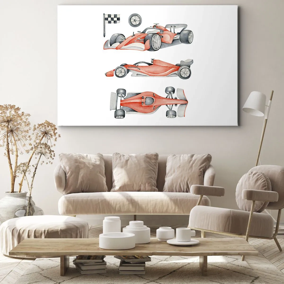 Bild auf Leinwand - Leinwandbild - Ein roter Rennwagen mit einer Zielflagge - 70x50cm - Dem Traum folgen - Moderne Wanddekoration für Wohnzimmer und Schlafzimmer ARTTOR