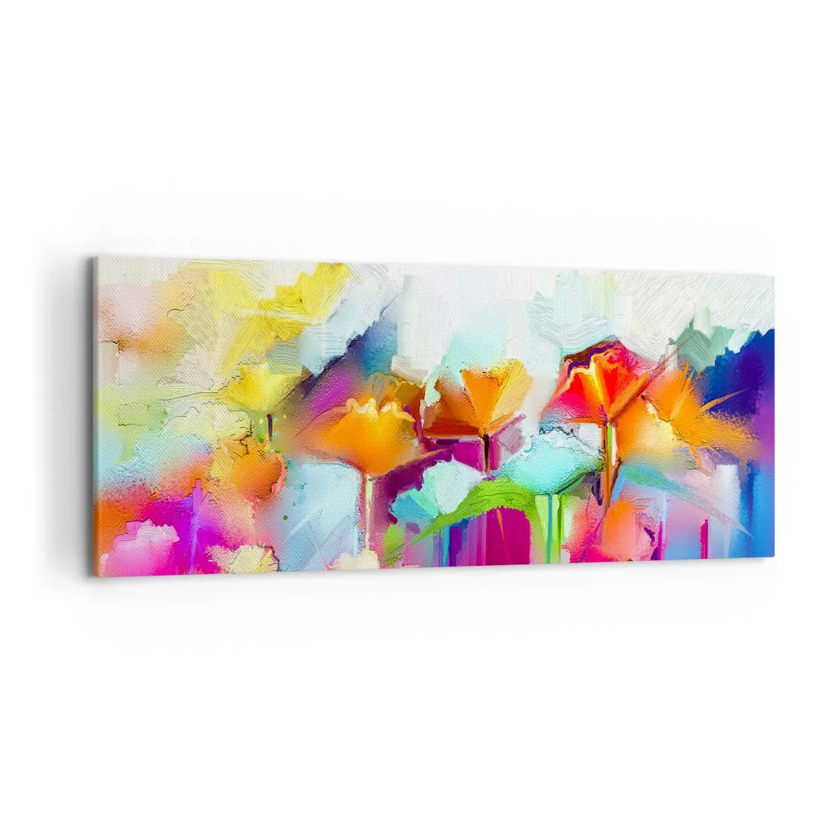 Bild auf Leinwand - Leinwandbild - Abstrakte bunte Blumen auf hellem Hintergrund - 120x50cm - Der Regenbogen ist aufgeblüht - Moderne Wanddekoration für Wohnzimmer und Schlafzimmer ARTTOR