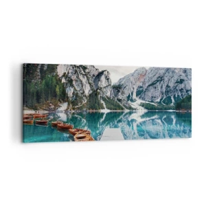 Bild auf Leinwand - Leinwandbild - Ein See mit Booten, umgeben von Bergen - 120x50cm - Wir zeigen Ihnen Schönheit - Moderne Wanddekoration für Wohnzimmer und Schlafzimmer ARTTOR