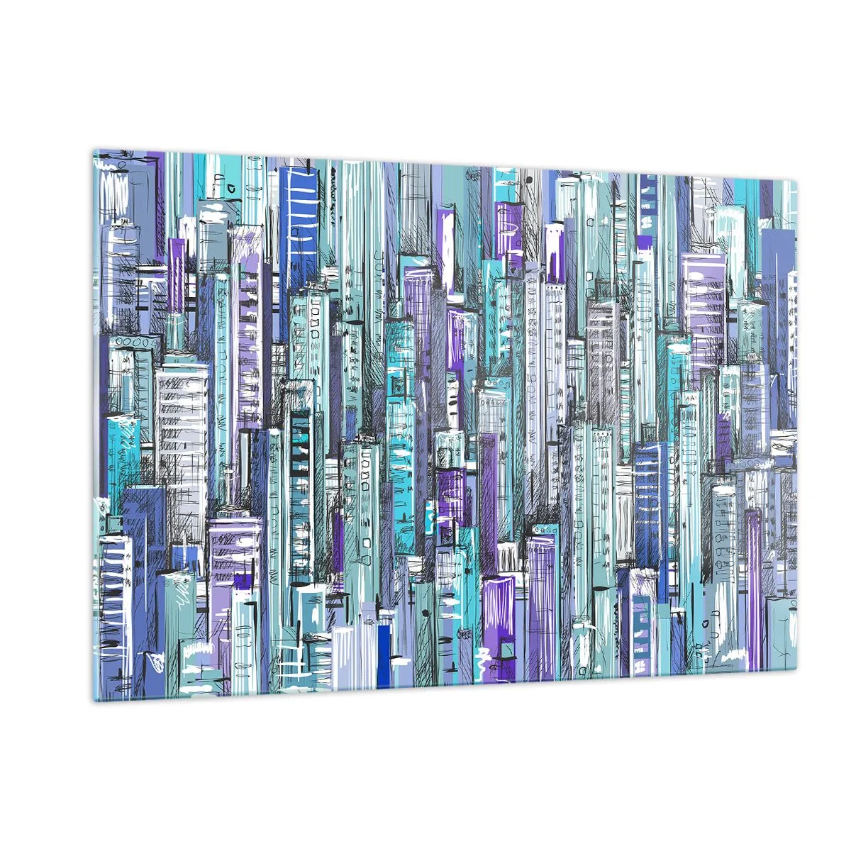 Glasbild - Bild auf glas - Illustration einer Stadt voller Wolkenkratzer in kühlen Farbtönen - 120x80cm - Bläulich von dem Himmel - Moderne Wanddekoration für Wohnzimmer und Schlafzimmer ARTTOR