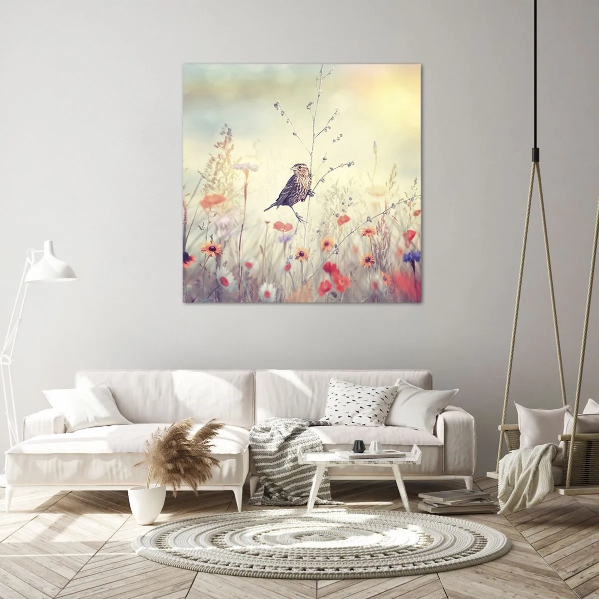 Bild auf Leinwand - Leinwandbild - Vogelporträt mit einer Wiese im Hintergrund - 60x60 cm