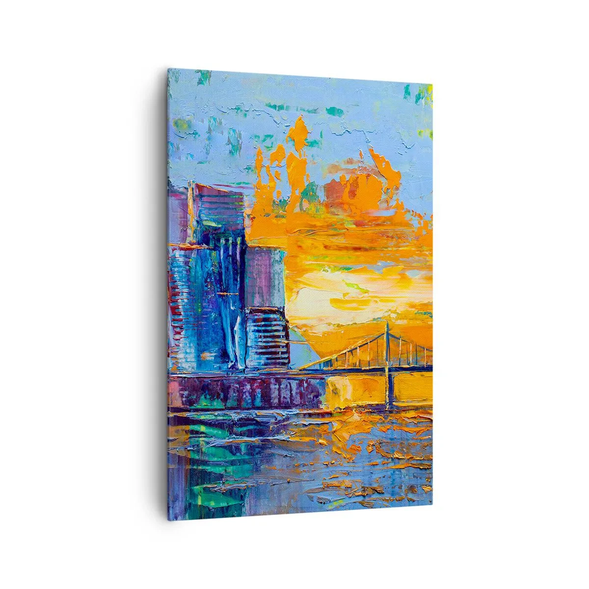 Bild auf Leinwand - Leinwandbild - Eine farbenfrohe Stadt mit einer Brücke in der untergehenden Sonne - 80x120cm - Kultur und Natur - Moderne Wanddekoration für Wohnzimmer und Schlafzimmer ARTTOR