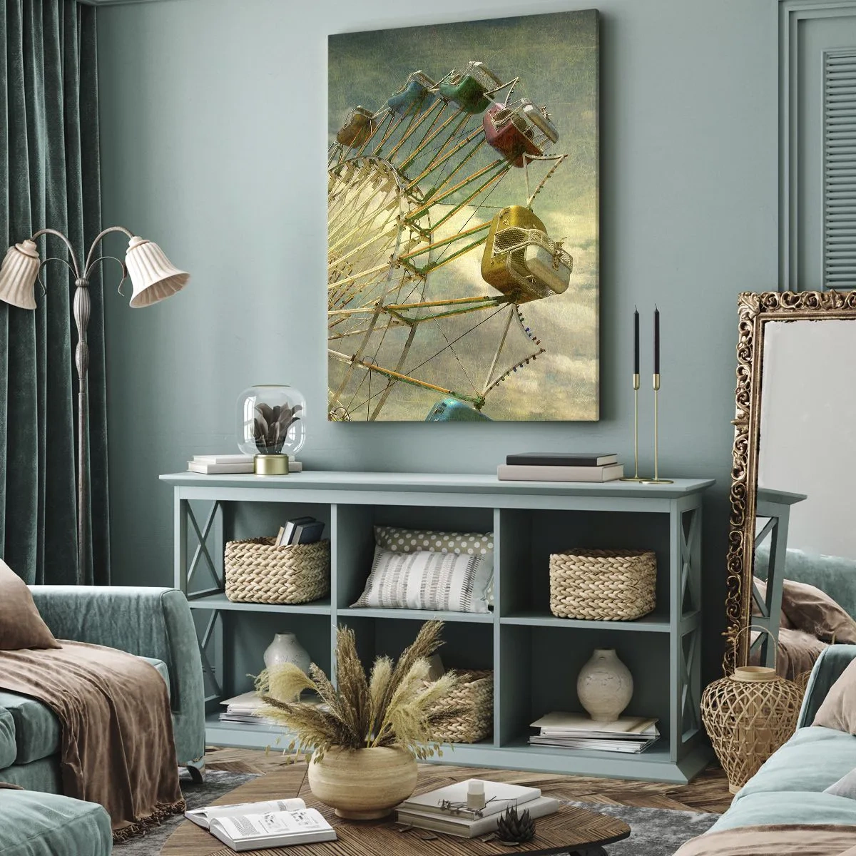 Bild auf Leinwand - Leinwandbild - Retro-Foto von einem Riesenrad mit Palmen gegen den Himmel - 50x70cm - Es wird Spaß geben ... - Moderne Wanddekoration für Wohnzimmer und Schlafzimmer ARTTOR