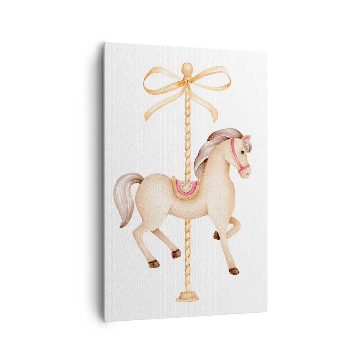Bild auf Leinwand - Leinwandbild - Ein Karussellpferd mit Schleife in zarten Pastelltönen - 80x120cm - Anmutiger Trab - Moderne Wanddekoration für Wohnzimmer und Schlafzimmer ARTTOR