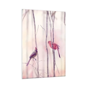 Glasbild - Bild auf glas - Zwei Vögel zwischen zarten Zweigen in Pastelltönen - 50x70cm - Geschichte vom rosa Wald - Moderne Wanddekoration für Wohnzimmer und Schlafzimmer ARTTOR