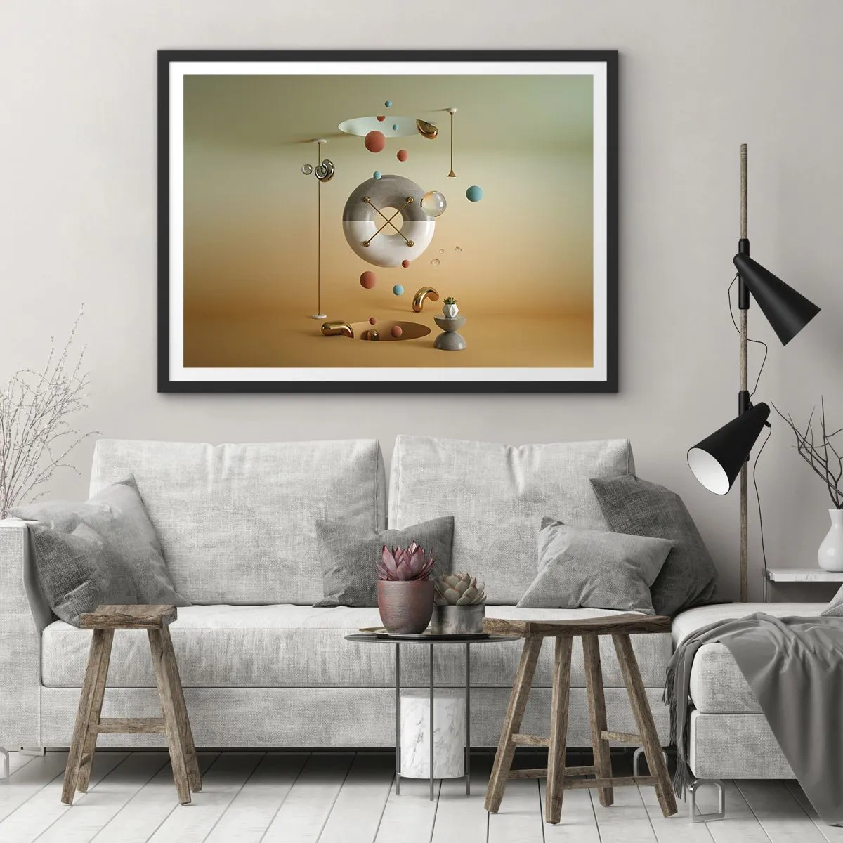 Poster in einem schwarzem Rahmen - Geometrische Figuren in Pastellfarben in surrealistischer Anordnung - 70x50cm - Alles kann passieren - Moderne Wanddekoration für Wohnzimmer und Schlafzimmer ARTTOR