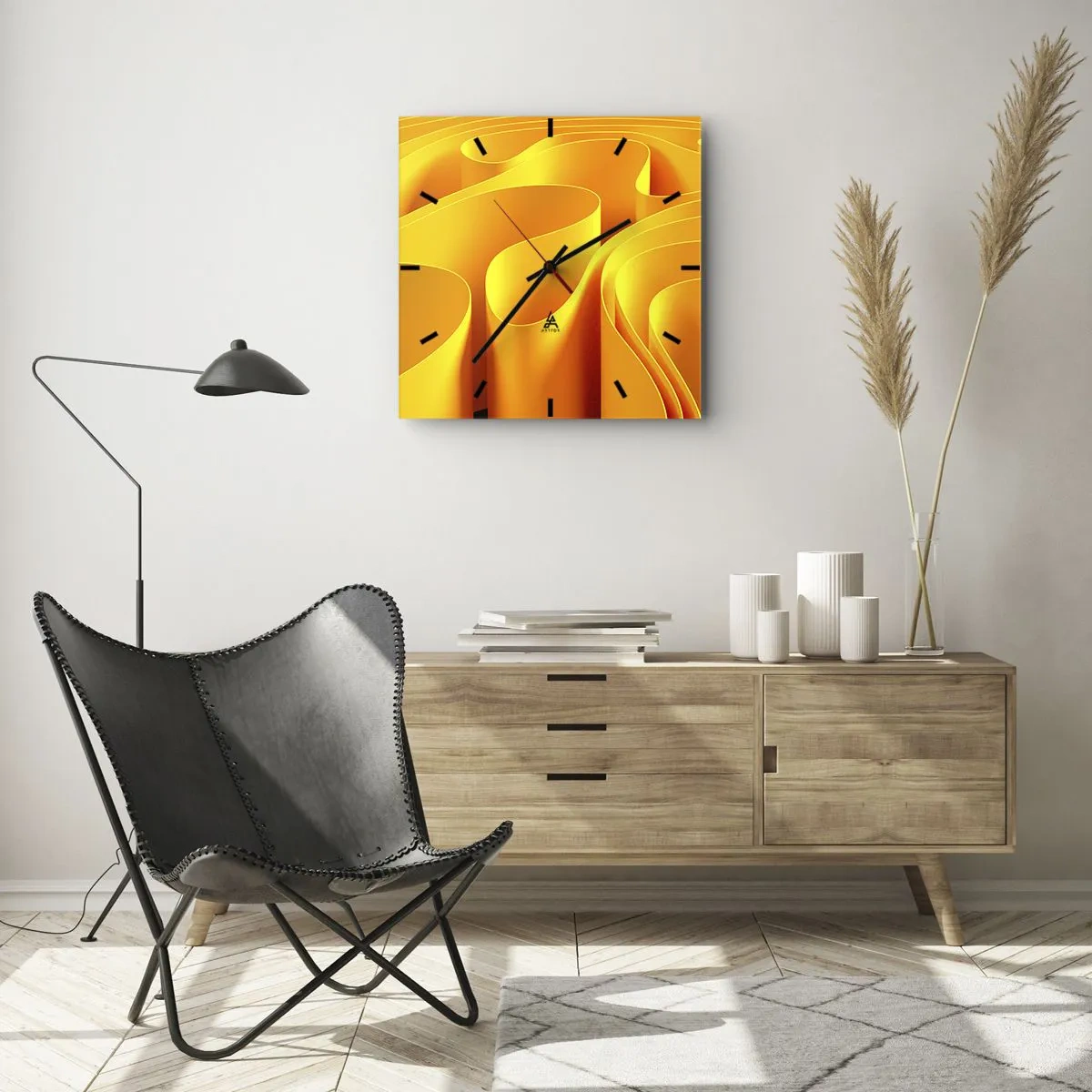 Wanduhr - Glasuhr - Gelbe abstrakte Wellen, die Sonnenstrahlen ähneln - 30x30cm - Wie Sonnenwellen - Moderne Wanddekoration für Wohnzimmer und Schlafzimmer ARTTOR