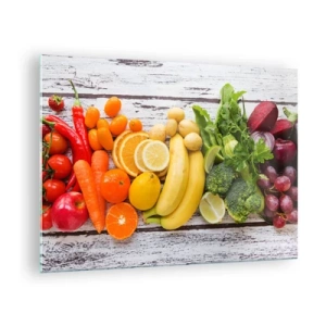 Glasbild - Bild auf glas - Buntes Obst und Gemüse auf einem Holztisch angeordnet - 70x50cm - Es ist nicht genug? - Moderne Wanddekoration für Wohnzimmer und Schlafzimmer ARTTOR