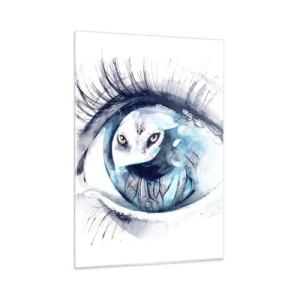 Glasbild - Bild auf glas - Ein Frauenauge mit Eulenmotiv im Aquarellstil - 50x70cm - Auge in Auge mit Wildheit - Moderne Wanddekoration für Wohnzimmer und Schlafzimmer ARTTOR