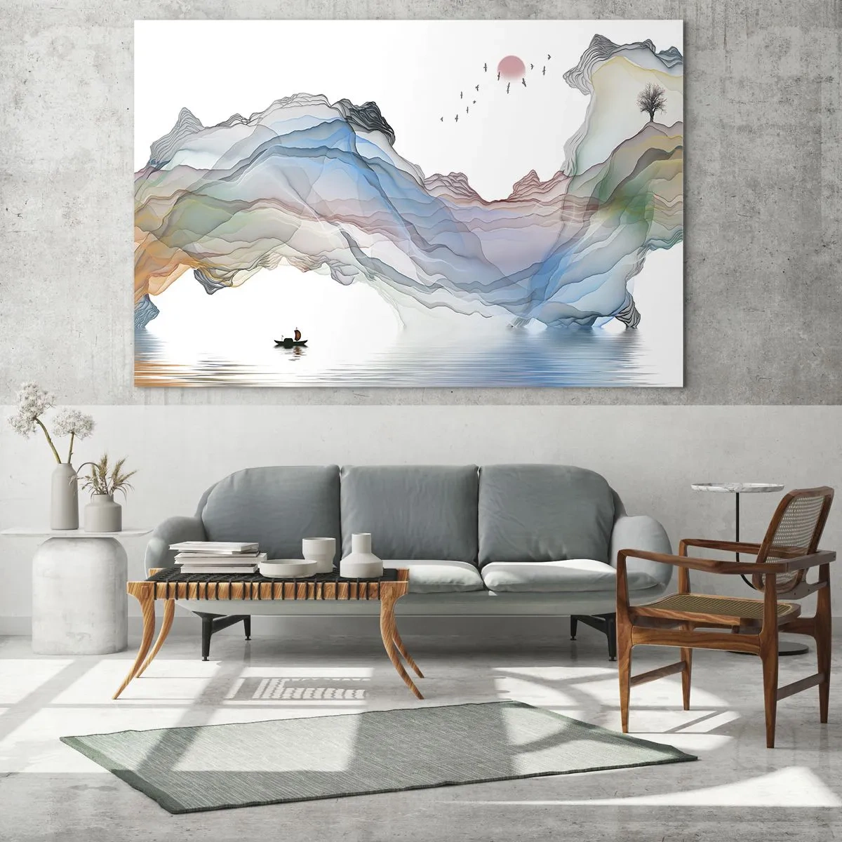Glasbild - Bild auf glas - Bunte Berge mit einem Boot auf dem Wasser im Aquarellstil - 70x50cm - Zu den Kristallbergen - Moderne Wanddekoration für Wohnzimmer und Schlafzimmer ARTTOR