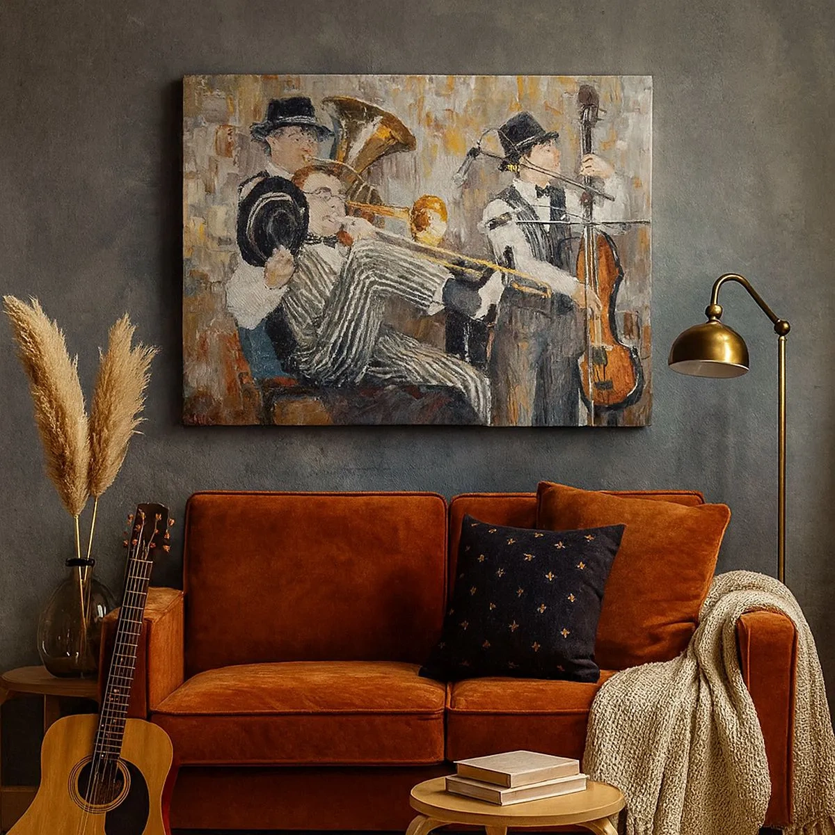 Bild auf Leinwand - Leinwandbild - Jazzmusiker im malerischen Stil während eines Konzerts - 70x50cm - Der ganze Jazz - Moderne Wanddekoration für Wohnzimmer und Schlafzimmer ARTTOR
