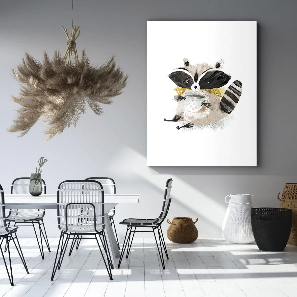 Bild auf Leinwand - Leinwandbild - Entzückender Waschbär mit einer pastellfarbenen Tasse - 50x70cm - Mein Freund der Waschbär - Moderne Wanddekoration für Wohnzimmer und Schlafzimmer ARTTOR