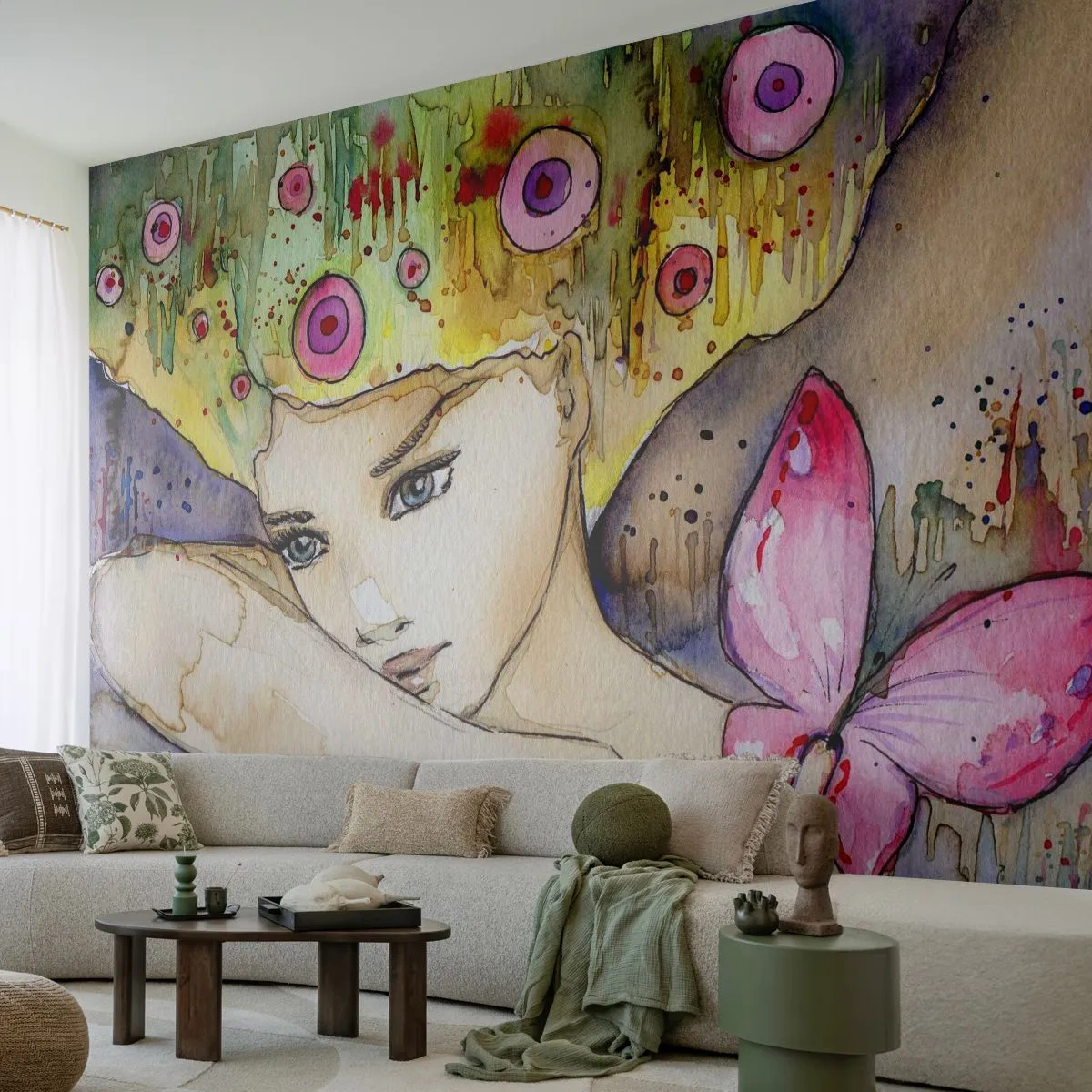 Fototapete Standard Eco - Schmetterlingsprinzessin - Abstraktion, Frau, Aquarelle - 350x256 cm