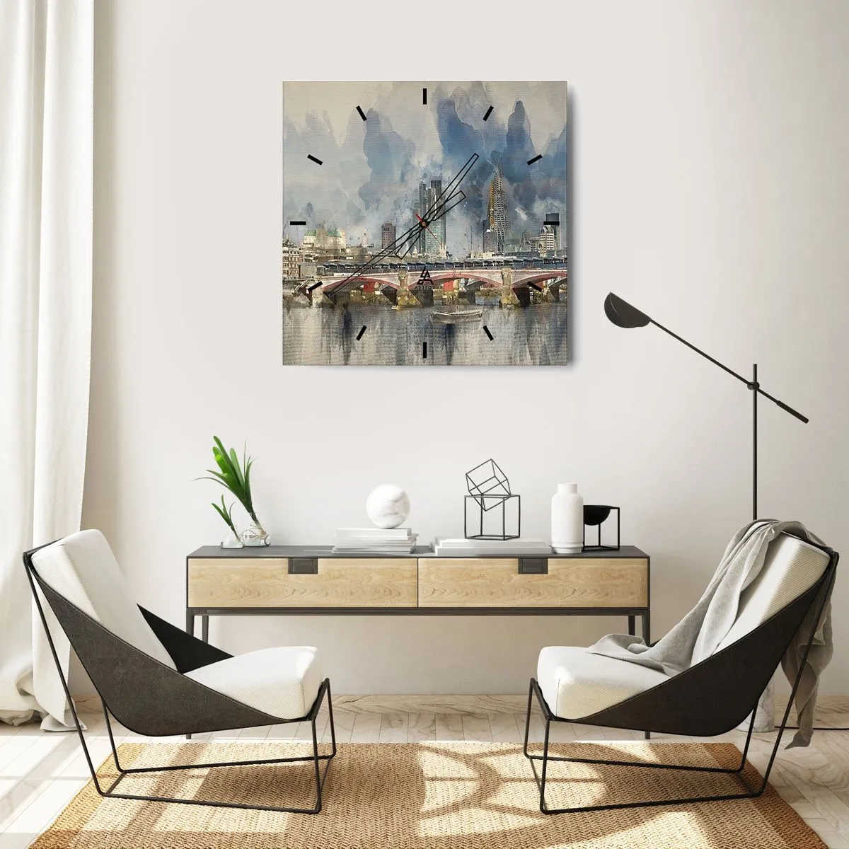 Wanduhr - Glasuhr - Aquarellansicht der Brücke und der Skyline der Stadt - 30x30cm - London in seiner ganzen Pracht - Moderne Wanddekoration für Wohnzimmer und Schlafzimmer ARTTOR