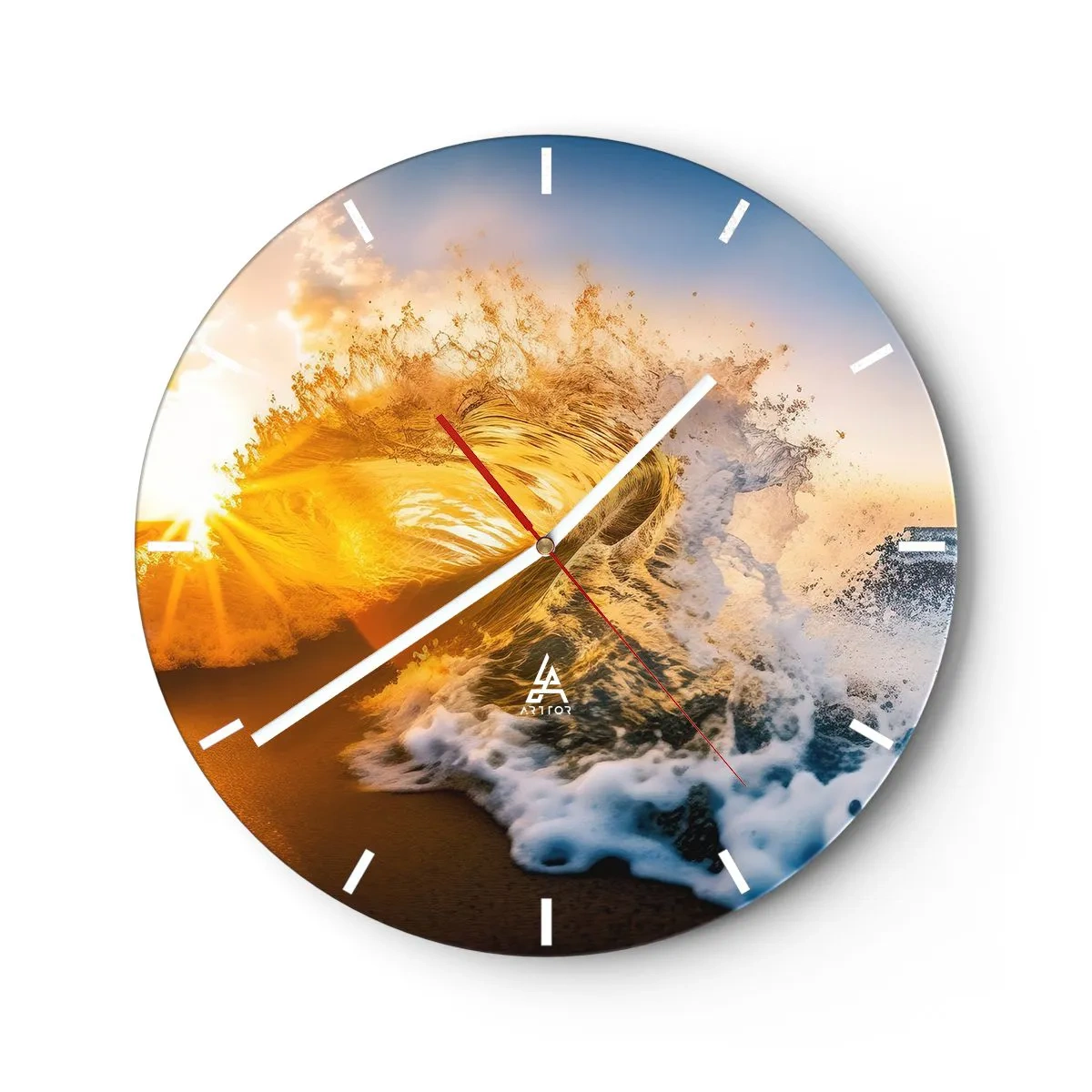 Wanduhr - Glasuhr - Eine Meereswelle, beleuchtet von den Strahlen der untergehenden Sonne - 30x30cm - Spaß im Sand - Moderne Wanddekoration für Wohnzimmer, Küche und Schlafzimmer ARTTOR