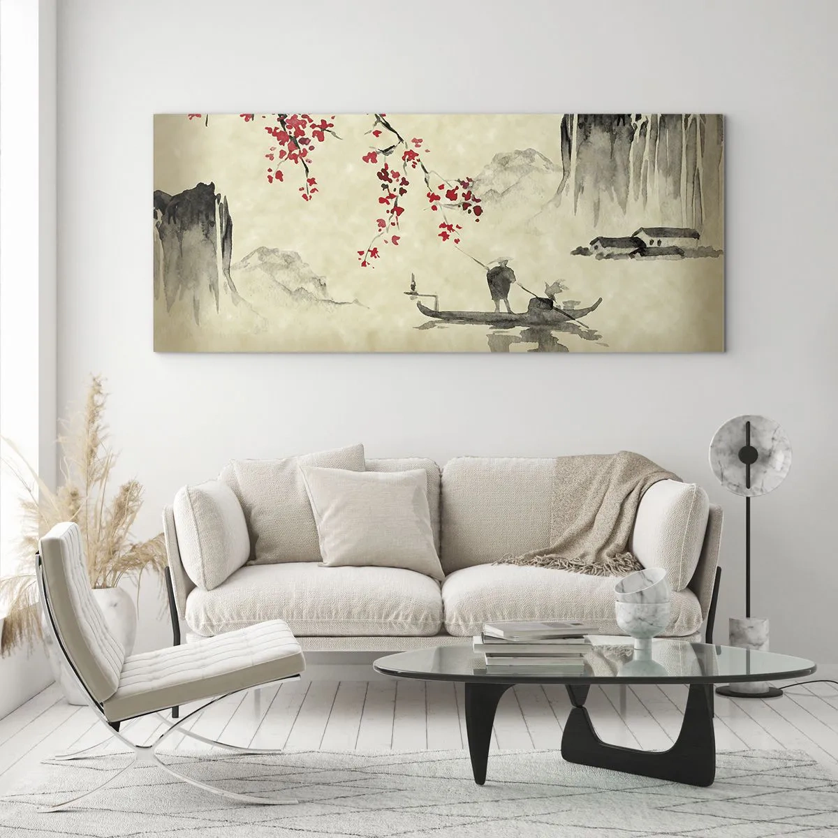 Glasbild - Bild auf glas - Orientalische Illustration mit einem Boot und einem blühenden Zweig - 160x50cm - Im Land der blühenden Kirschbäume - Moderne Wanddekoration für Wohnzimmer und Schlafzimmer ARTTOR