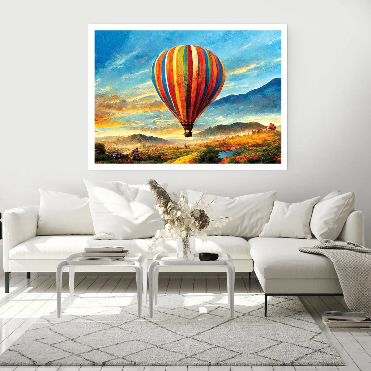 Poster - Ein bunter Ballon über einer malerischen Landschaft - 100x70cm - In der Stille sieht man mehr - Moderne Wanddekoration für Wohnzimmer und Schlafzimmer ARTTOR
