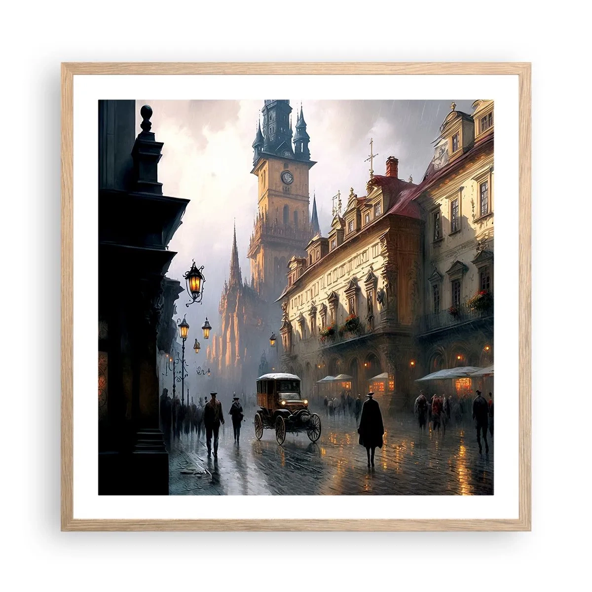 Poster in einem Rahmen aus heller Eiche - Charme eines Prager Abends - 60x60 cm
