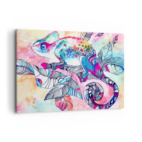 Bild auf Leinwand - Leinwandbild - Buntes Chamäleon auf abstraktem Blätterhintergrund - 120x80cm - So bunt wie unsere Welt - Moderne Wanddekoration für Wohnzimmer und Schlafzimmer ARTTOR
