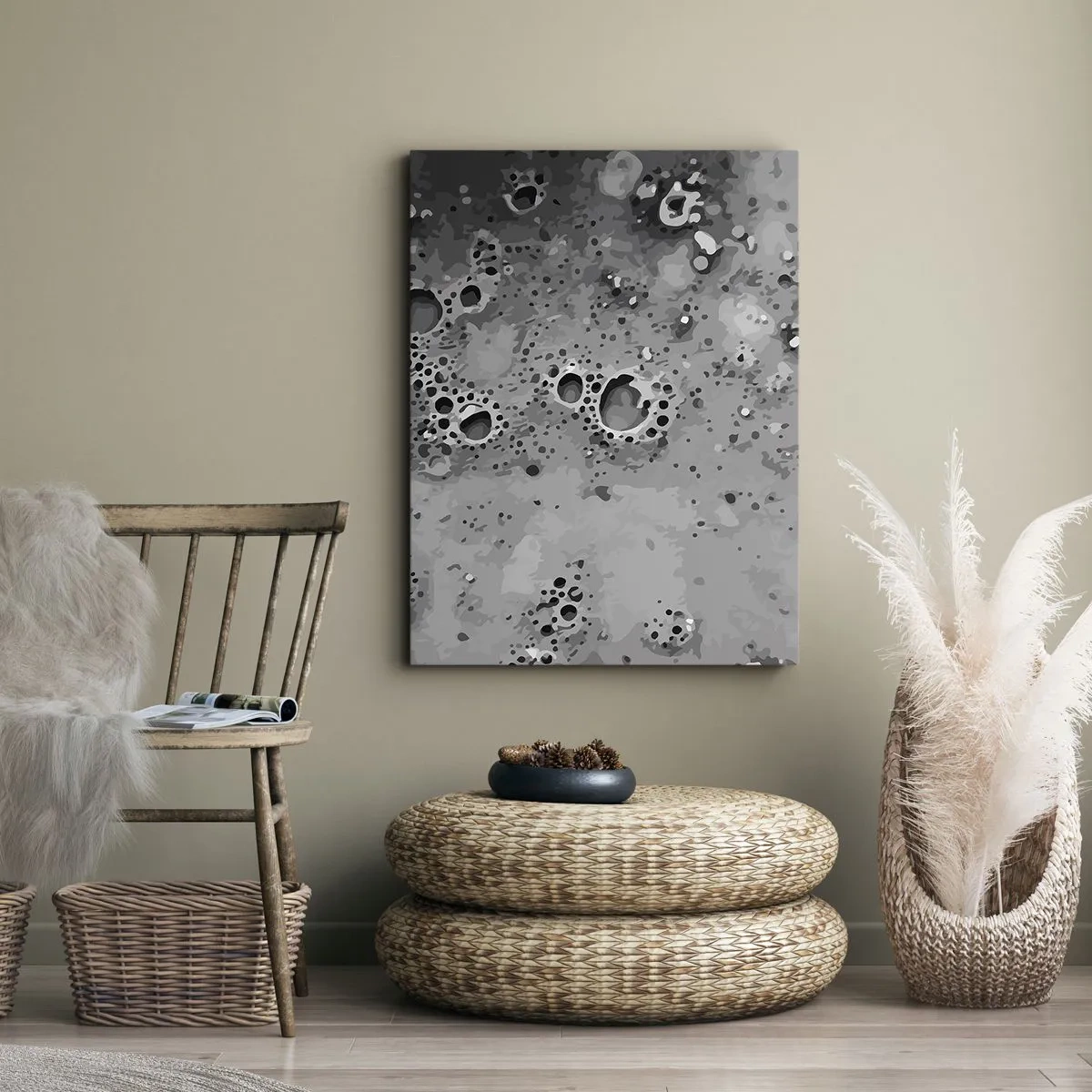 Bild auf Leinwand - Leinwandbild - Abstraktes schwarz-weißes Blasenmuster - 50x70cm - Wie eine Mondlandschaft - Moderne Wanddekoration für Wohnzimmer und Schlafzimmer ARTTOR