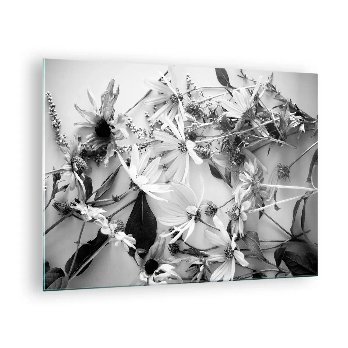 Glasbild - Bild auf glas - Verstreute schwarz-weiße Blumen in einem kunstvollen Arrangement - 70x50cm - Kein Blumenstrauß - Moderne Wanddekoration für Wohnzimmer und Schlafzimmer ARTTOR
