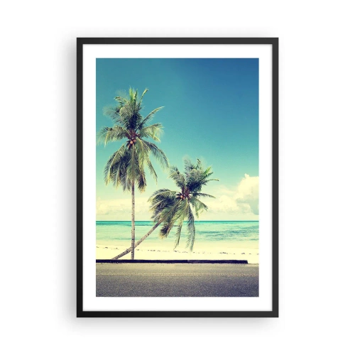 Poster in einem schwarzem Rahmen - Zwei Palmen am Strand mit blauem Himmel - 50x70cm - Zeit um in die Ferien zu starten - Moderne Wanddekoration für Wohnzimmer und Schlafzimmer ARTTOR