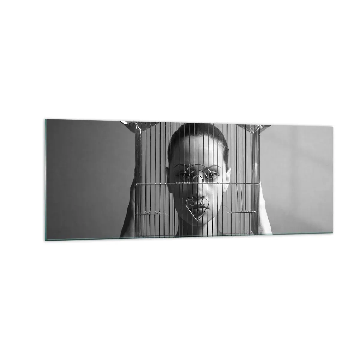 Glasbild - Bild auf glas - Frau hinter einem Käfig im surrealen Stil - 140x50cm - Ein leicht surreales Portrait - Moderne Wanddekoration für Wohnzimmer und Schlafzimmer ARTTOR