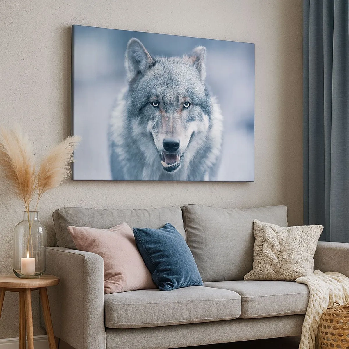 Bild auf Leinwand - Leinwandbild - Ein Wolf mit intensivem Blick in einer Winterlandschaft - 70x50cm - Werden Sie die Herausforderung annehmen? - Moderne Wanddekoration für Wohnzimmer und Schlafzimmer ARTTOR