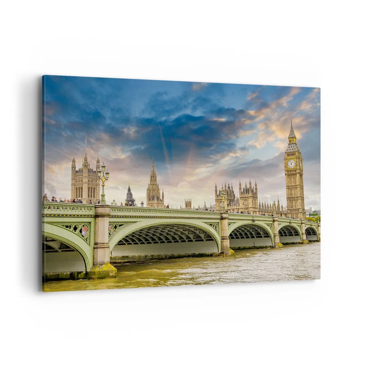 Bild auf Leinwand - Leinwandbild - Big Ben und Westminster Bridge gegen den Himmel in der Abenddämmerung - 120x80cm - Im Imperium ist die Zeit stehen geblieben - Moderne Wanddekoration für Wohnzimmer und Schlafzimmer ARTTOR