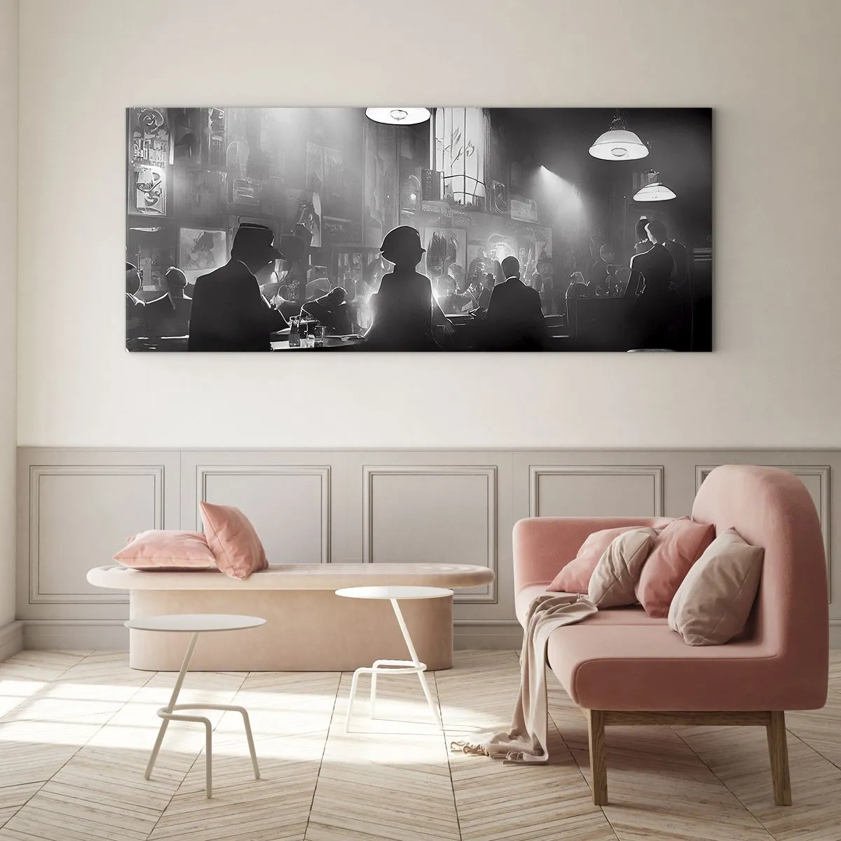 Glasbild - Bild auf glas - Schwarz-weiße Jazz-Nachtclubszene - 160x50cm - In Jazz-Atmosphäre - Moderne Wanddekoration für Wohnzimmer und Schlafzimmer ARTTOR
