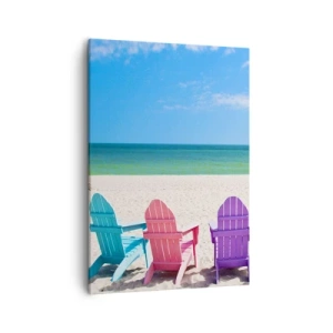 Bild auf Leinwand - Leinwandbild - Bunte Liegestühle am Strand mit Blick aufs Meer - 50x70cm - Regenbogenstrand - Moderne Wanddekoration für Wohnzimmer und Schlafzimmer ARTTOR