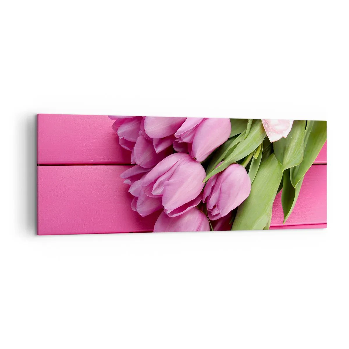Bild auf Leinwand - Leinwandbild - Ein Strauß rosa Tulpen mit Schleife auf rosa Hintergrund - 140x50cm - Nur für dich - Moderne Wanddekoration für Wohnzimmer und Schlafzimmer ARTTOR