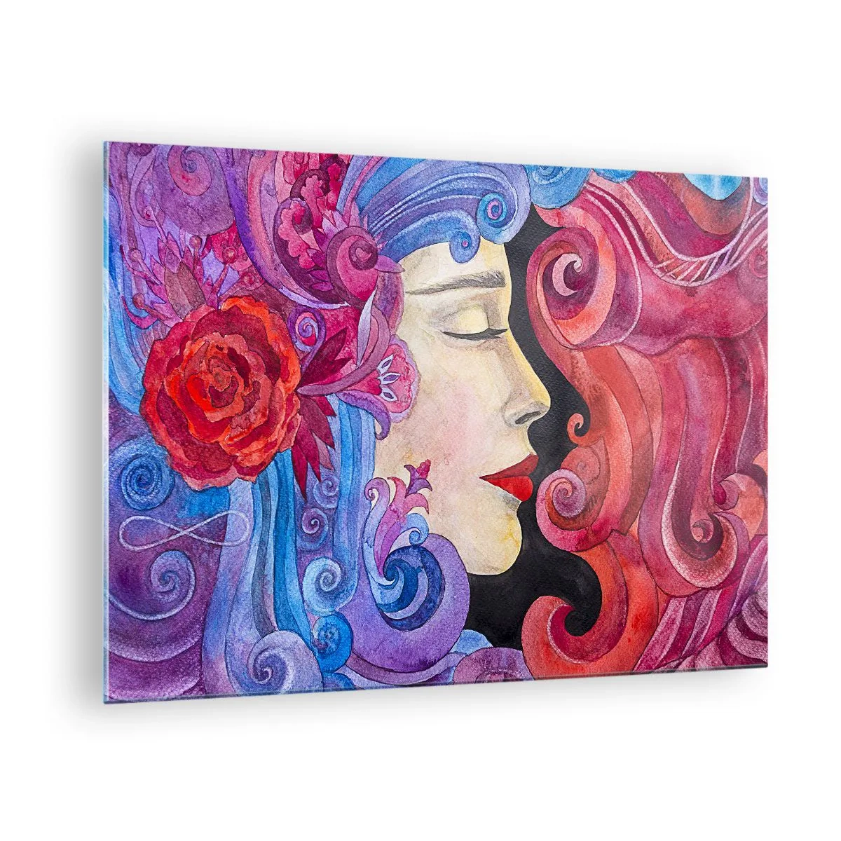 Glasbild - Bild auf glas - Farbenfrohes Frauenporträt im Jugendstil mit reicher Ornamentik - 70x50cm - Der Jugendstil lebt noch - Moderne Wanddekoration für Wohnzimmer und Schlafzimmer ARTTOR