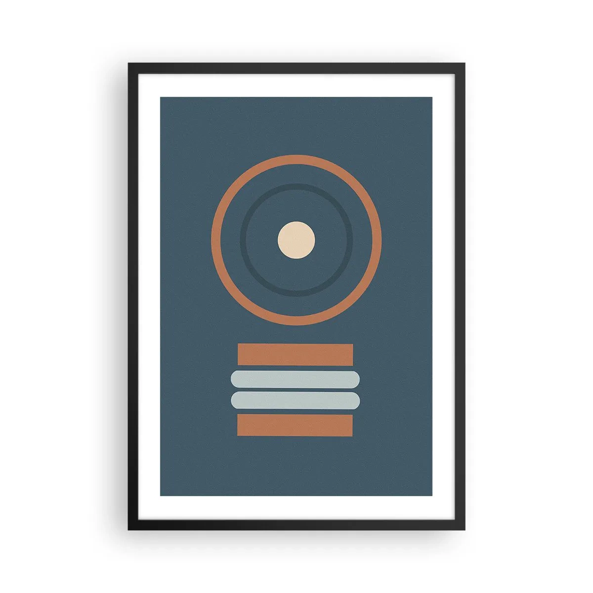 Poster in einem schwarzem Rahmen - Geometrisches Muster mit Kreisen und Rechtecken in Blau- und Brauntönen - 50x70cm - Das Wesen der Dinge - Moderne Wanddekoration für Wohnzimmer und Schlafzimmer ARTTOR