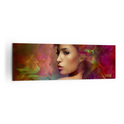 Bild auf Leinwand - Leinwandbild - Eine Frau mit bunten Reflexionen, die einen abstrakten Hintergrund erzeugen - 160x50cm - Schöner als ein Regenbogen, so zart wie ein Nebel - Moderne Wanddekoration für Wohnzimmer und Schlafzimmer ARTTOR