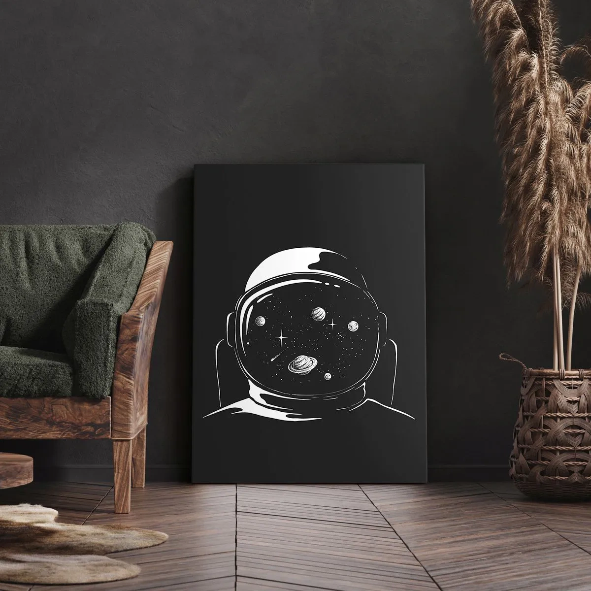Bild auf Leinwand - Leinwandbild - Ein minimalistischer Astronautenhelm mit Blick ins Weltall - 50x70cm - Schöne Aussicht - Moderne Wanddekoration für Wohnzimmer und Schlafzimmer ARTTOR