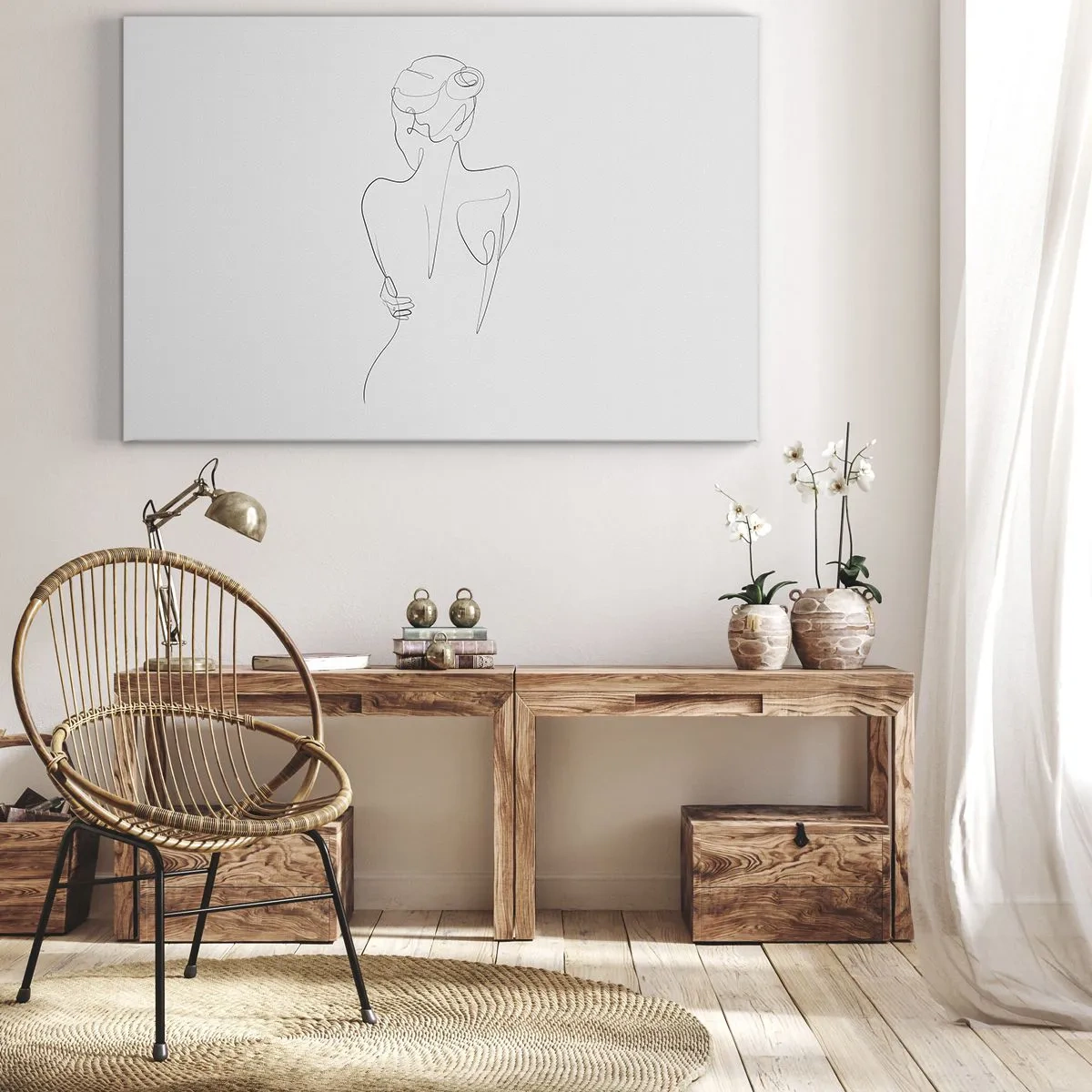 Bild auf Leinwand - Leinwandbild - Eine Konturlinie, die eine weibliche Silhouette vor einem hellen Hintergrund zeigt - 70x50cm - Körpermusik - Moderne Wanddekoration für Wohnzimmer und Schlafzimmer ARTTOR