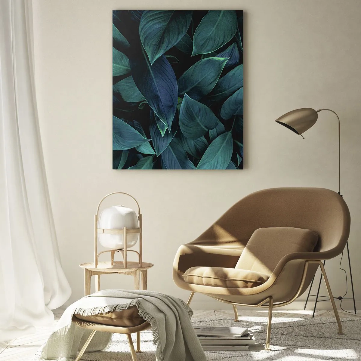 Glasbild - Bild auf glas - Nahaufnahme von grünen Blättern mit dunklem Hintergrund - 80x120cm - Grün in sich selbst - Moderne Wanddekoration für Wohnzimmer und Schlafzimmer ARTTOR