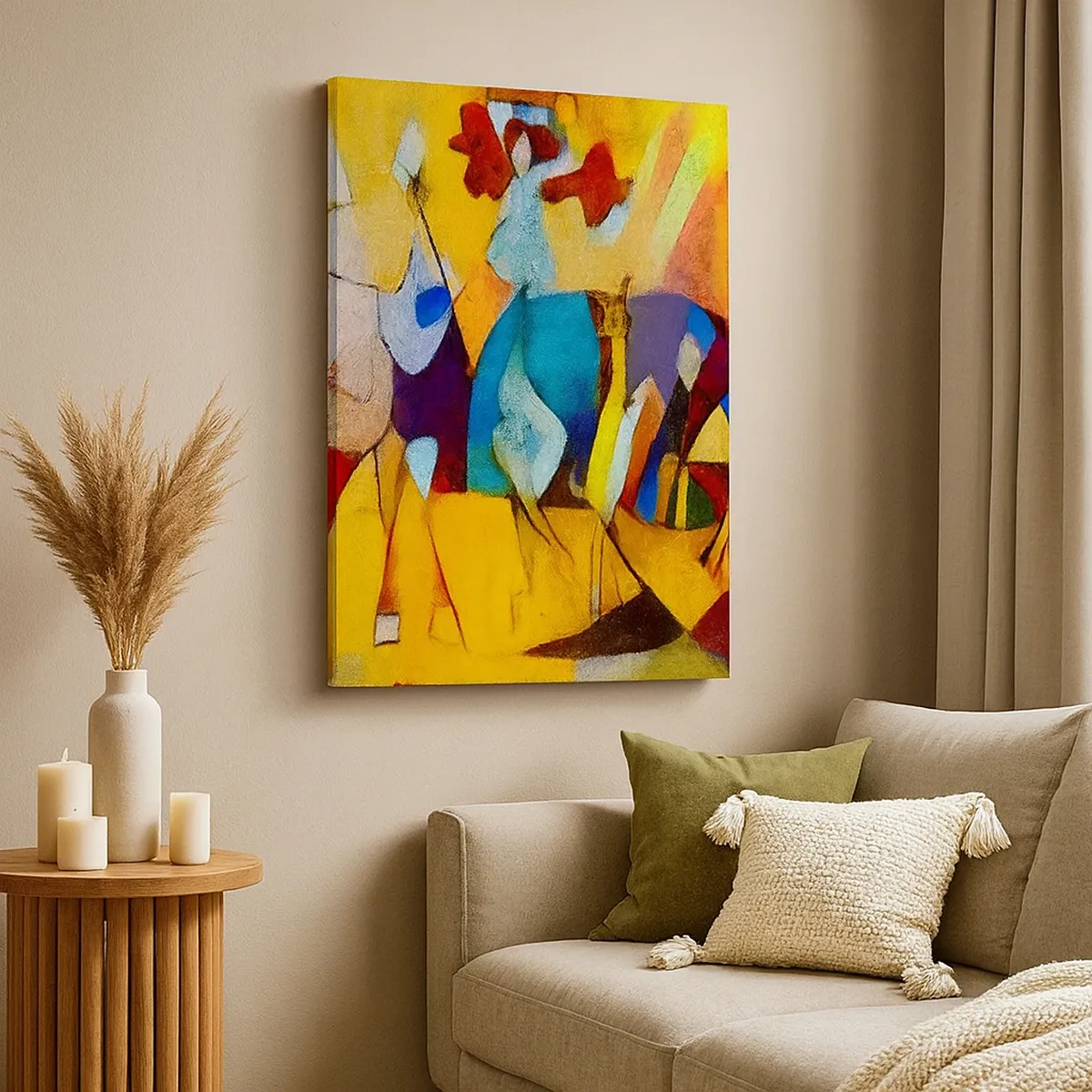 Bild auf Leinwand - Leinwandbild - Eine farbenfrohe Abstraktion, die Figuren in geometrischer Form darstellt - 50x70cm - Sonne - Leben - Freude - Moderne Wanddekoration für Wohnzimmer und Schlafzimmer ARTTOR