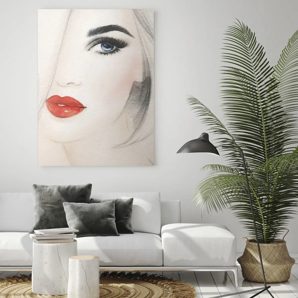 Glasbild - Bild auf glas - Porträt einer Frau mit hellem Haar, roten Lippen und blauen Augen - 50x70cm - Es hypnotisiert und berauscht - Moderne Wanddekoration für Wohnzimmer und Schlafzimmer ARTTOR