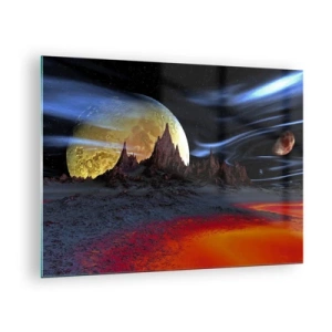 Glasbild - Bild auf glas - Außerirdische Landschaft mit einem Planeten und einem bunten Himmel - 70x50cm - Unbekannte Welt - Moderne Wanddekoration für Wohnzimmer und Schlafzimmer ARTTOR